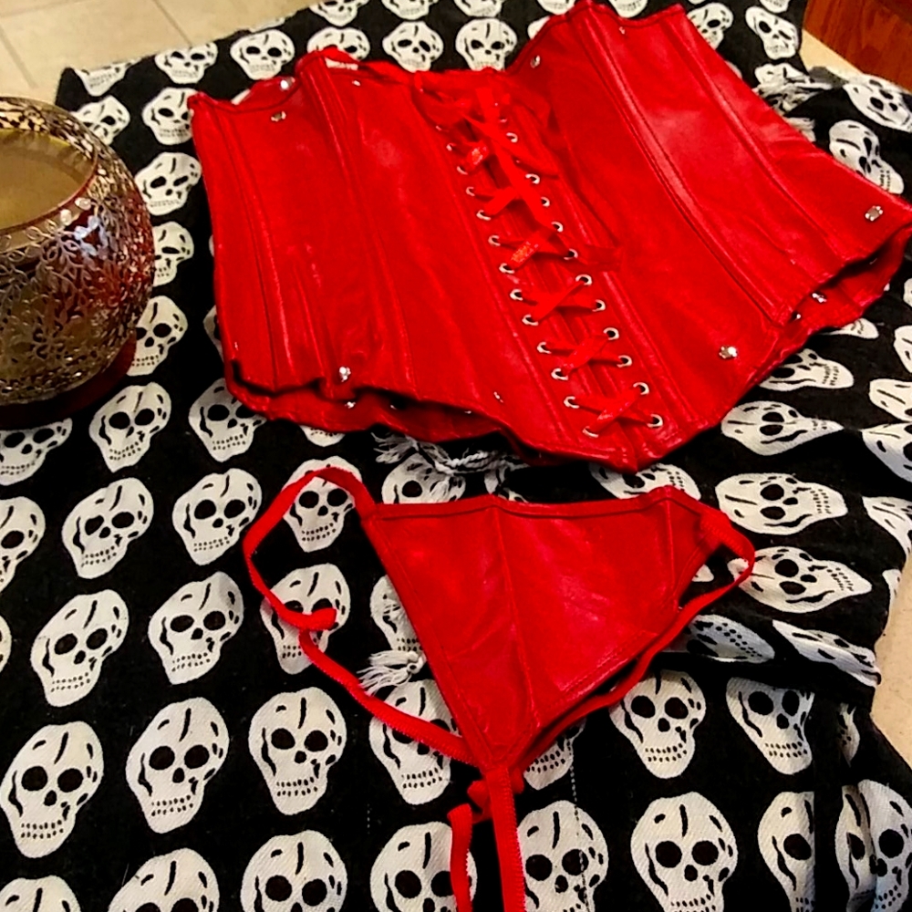 Sexy red pleather corset with matching thong